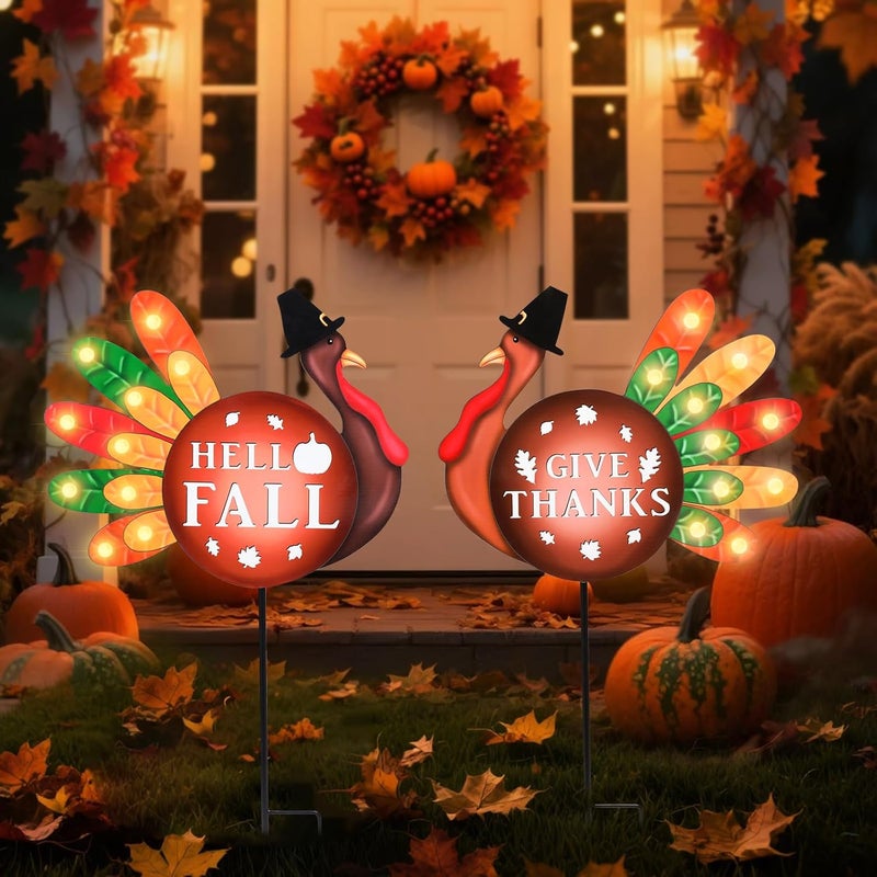 VCUTEKA Fall Yard Decor Outdoor Autumn Harvest Garden Stakes with LED Light Autumn Two Turkeys Yard Sign with Stakes Fall Thanksgiving Decoration for Home Outside Lawn Garden Holiday Decor - Image 1